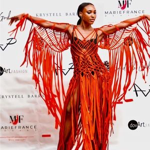 Handmade Macramé Deep Red Dress Cut Out Designer NYFW